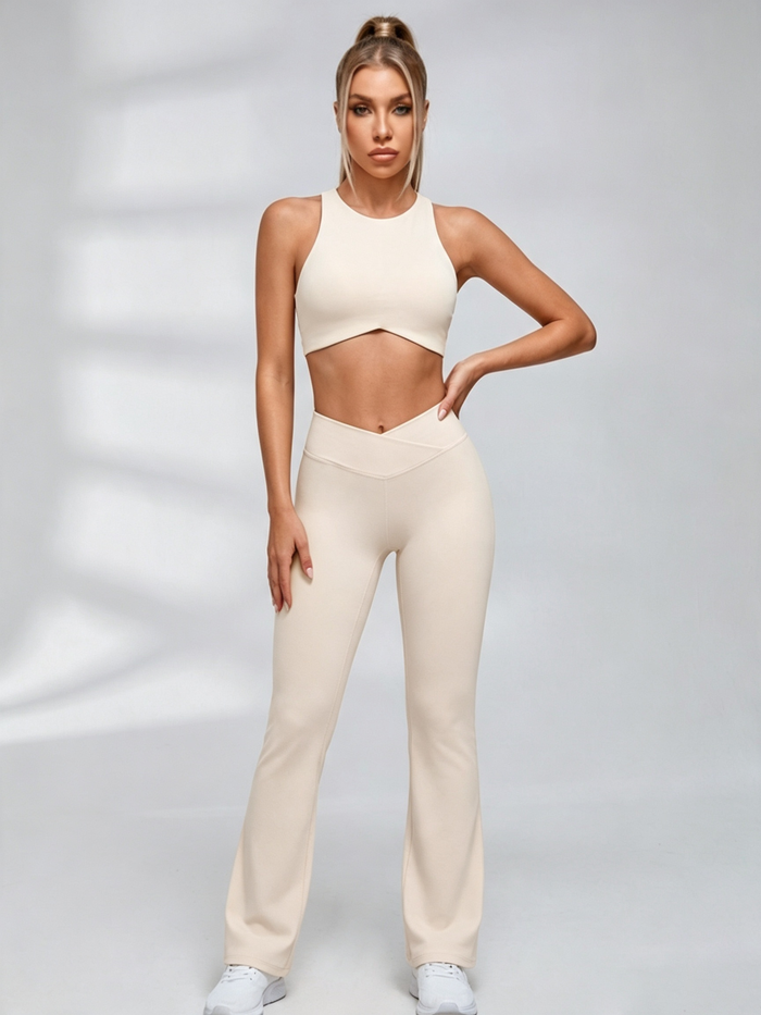 Cutout Back Crop Top V‑Waist Flared Leggings Set
