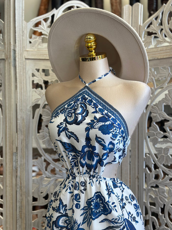 Cutout Blue Floral Maxi Dress-Estira, Stretchy