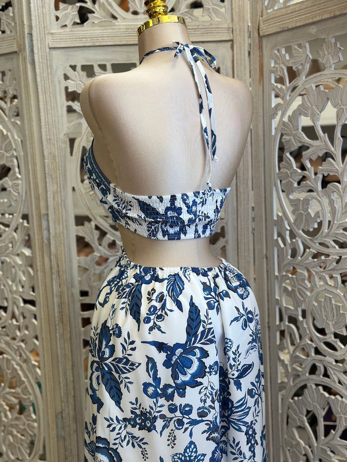 Cutout Blue Floral Maxi Dress-Estira, Stretchy