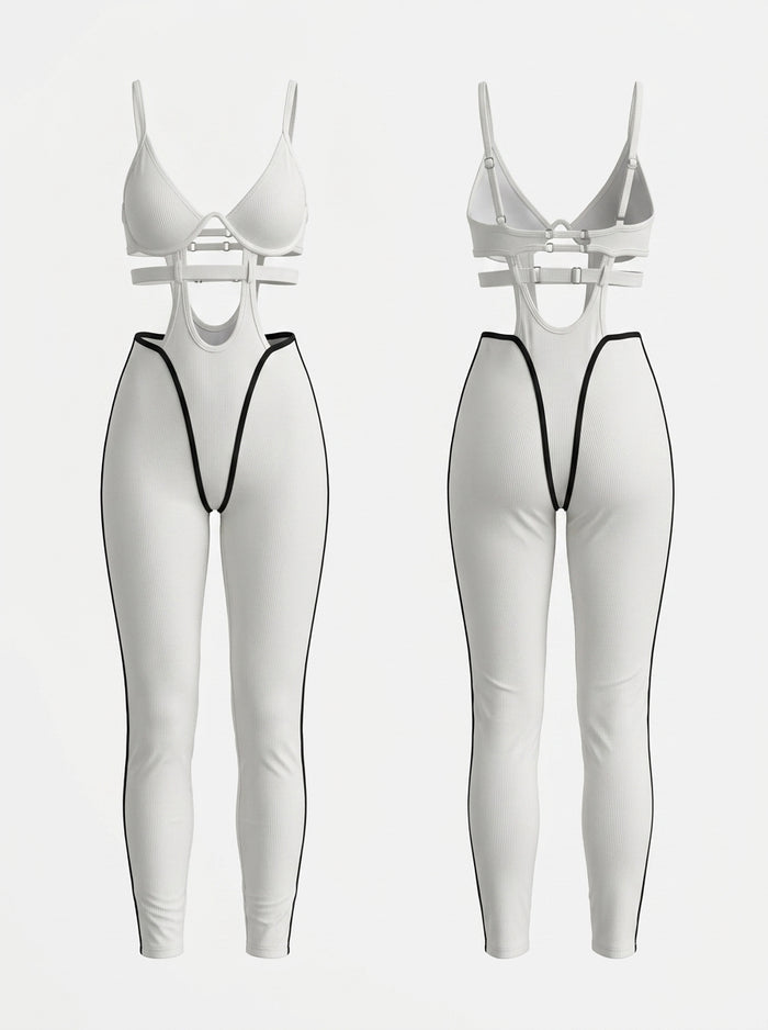 Cutout Ribbed Active Jumpsuit With Contrast Piping
