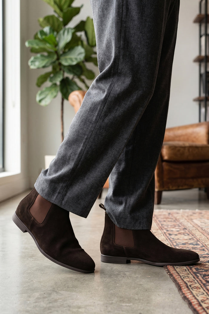 Man wearing Darwin Brown Suede Chelsea boot for men  | Best Chelsea boots