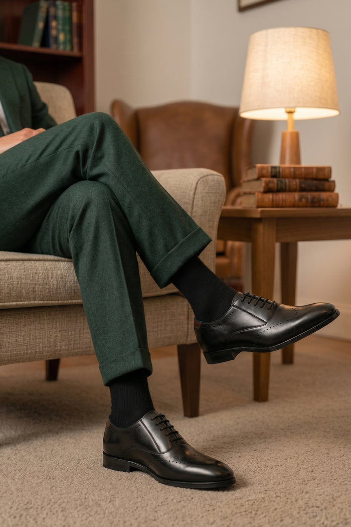 Model wearing Dean Black men’s Oxford leather shoes in rich brown, crafted with premium leather for formal and smart casual occasions.