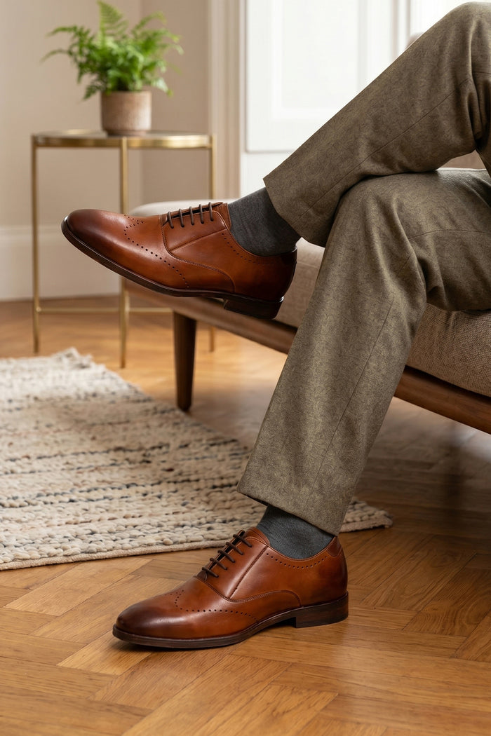 Man wearing Dean Oxford shoe with five eyelets suitable for formal and casual occasions comfortable sole | Oswin Hyde