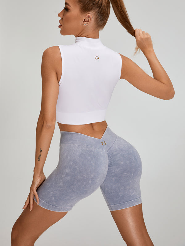 Deep V Back Faux Denim Scrunch Bum Ribbed Zipper Short Tacksuit