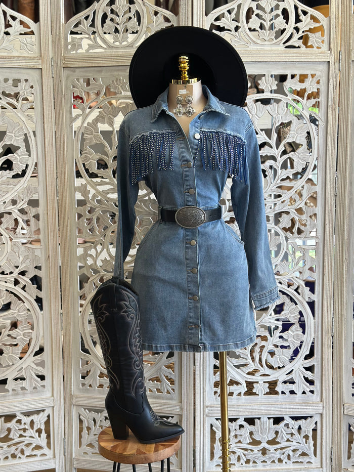 Denim Button Up Fringe Mini Dress-Estira, Stretchy