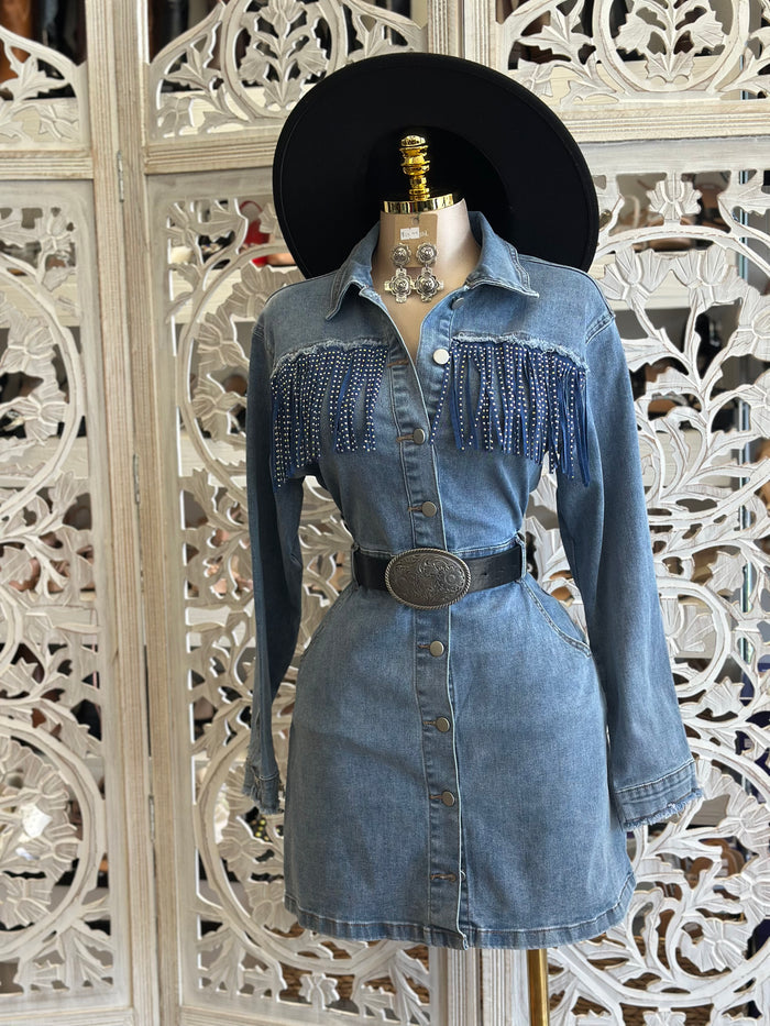 Denim Button Up Fringe Mini Dress-Estira, Stretchy