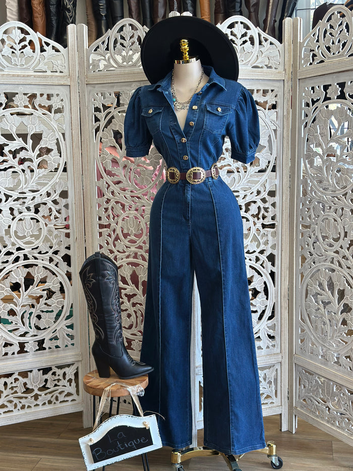 Denim Puff Sleeve Jumpsuit-Estira Poco, Slightly Stretchy