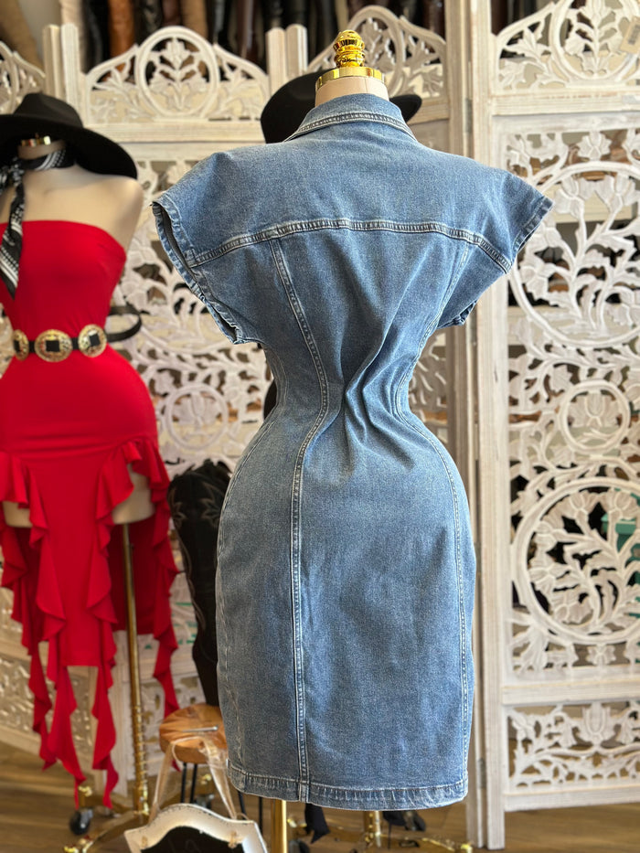 Denim Wide Sleeve Button Dress-Estira Poco, Slightly Stretchy