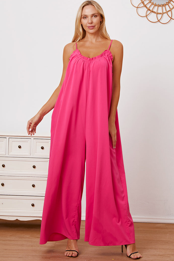 Double Take Ruffle Trim Tie Back Cami Jumpsuit