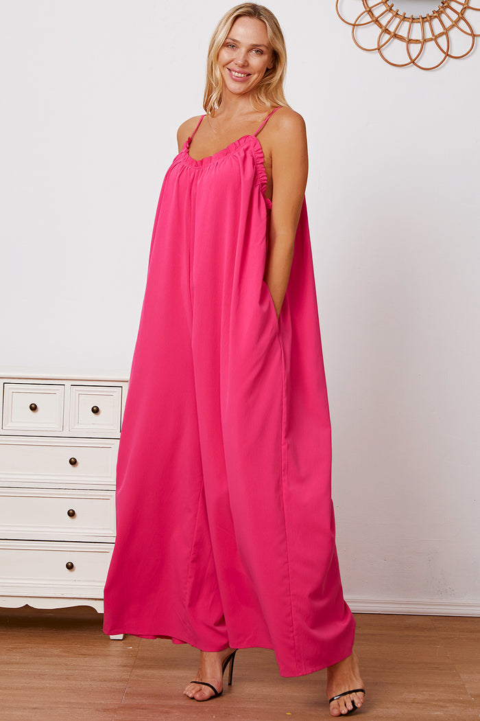 Double Take Ruffle Trim Tie Back Cami Jumpsuit