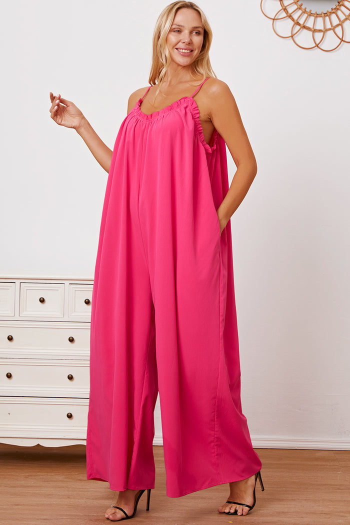 Double Take Ruffle Trim Tie Back Cami Jumpsuit