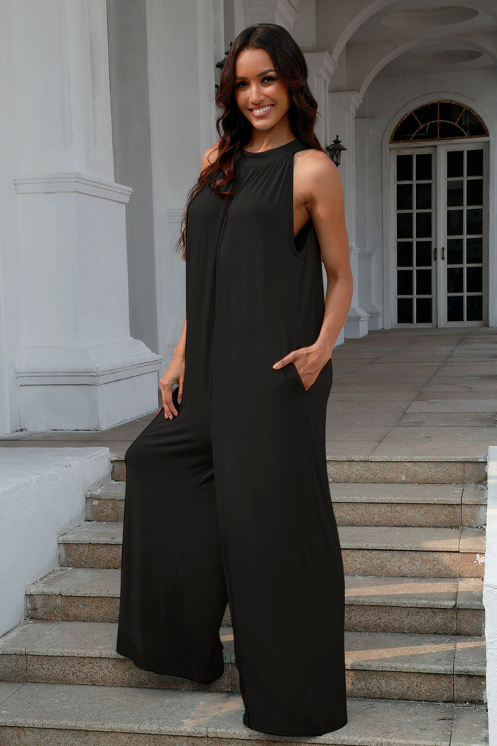 Double Take Tie Back Cutout Sleeveless Glam Jumpsuit