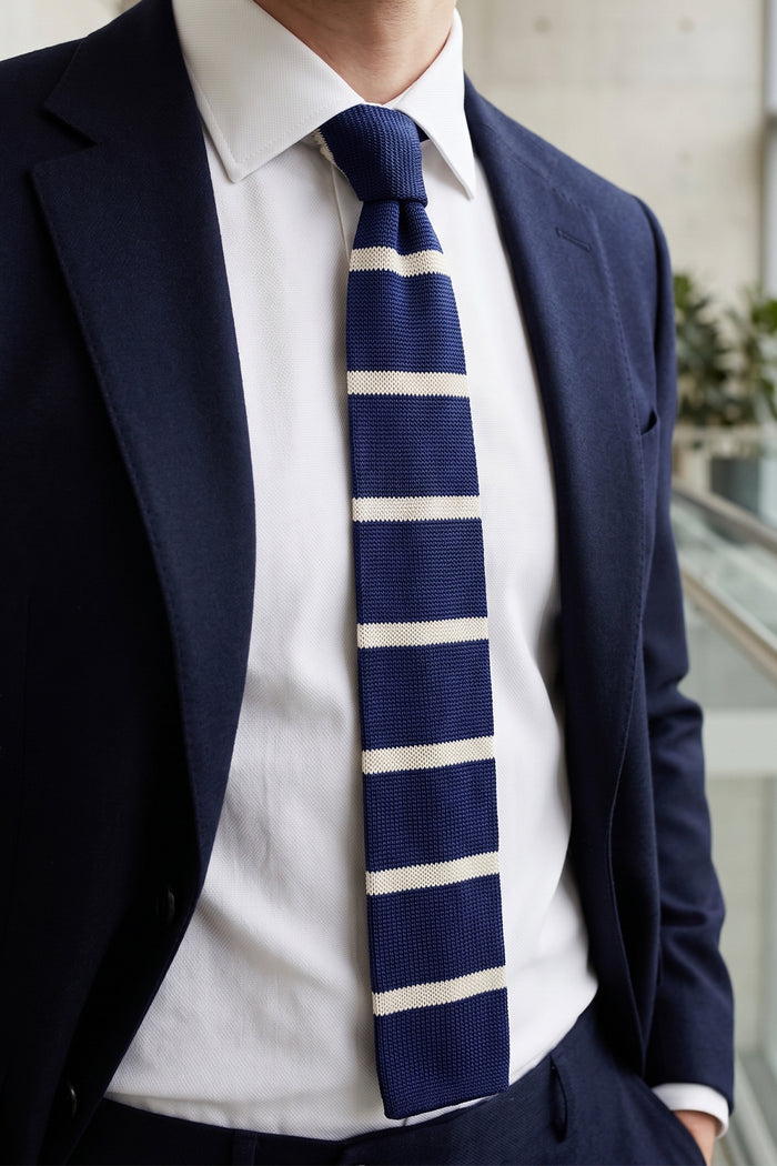 Drew Navy/White knitted tie with striped design, ideal for weddings, evening events, and formal occasions.