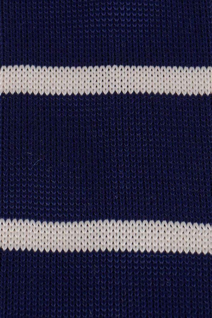 Drew Navy/White knitted tie with striped design, ideal for weddings, evening events, and formal occasions.