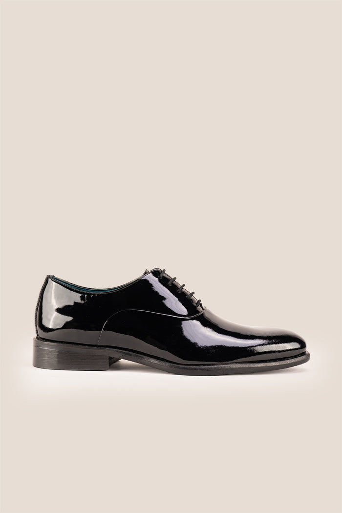 Duke Black leather patent shoes. The mens smart black shoes exude luxury and sophistication, perfect for weddings