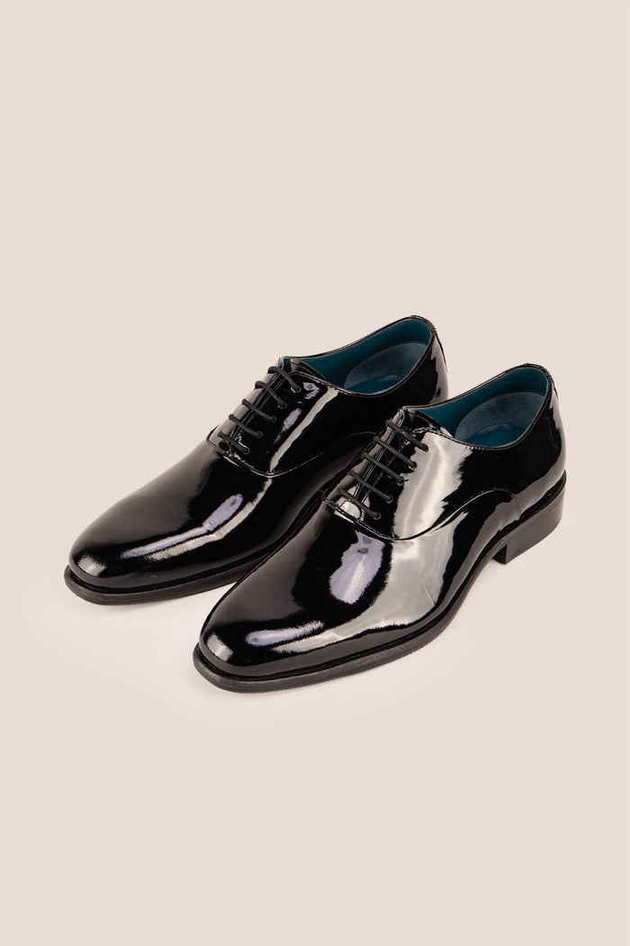 Duke Black leather patent shoes. The mens smart black shoes exude luxury and sophistication, perfect for weddings