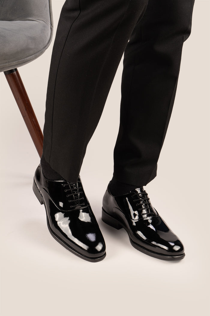 Duke Black leather patent shoes. The mens smart black shoes exude luxury and sophistication, perfect for weddings