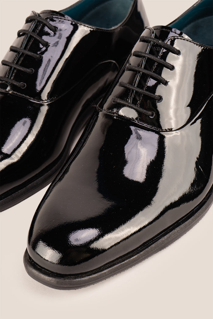 Duke Black leather patent shoes. The mens smart black shoes exude luxury and sophistication, perfect for weddings
