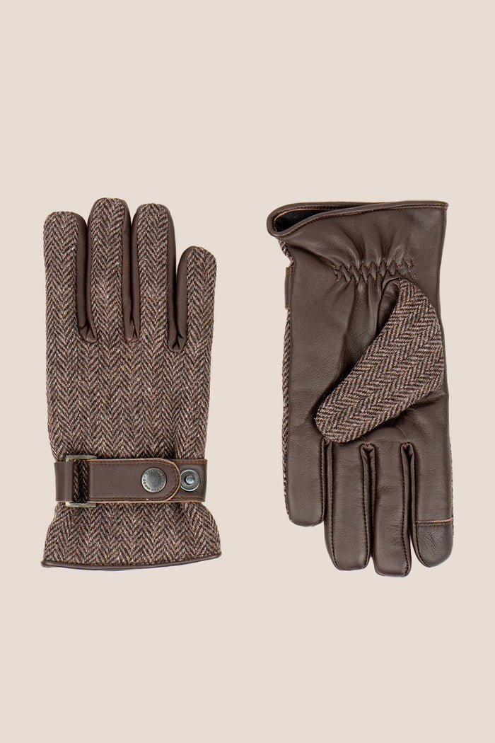 Men’s Edwin brown herringbone tweed gloves with premium leather palm by Oswin Hyde – warm, stylish gloves with fleece lining and classic design.