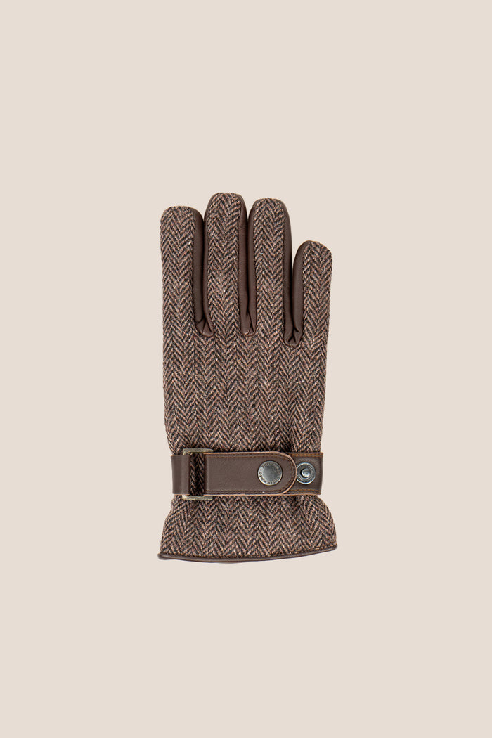 Men’s Edwin brown herringbone tweed gloves with premium leather palm by Oswin Hyde – warm, stylish gloves with fleece lining and classic design.