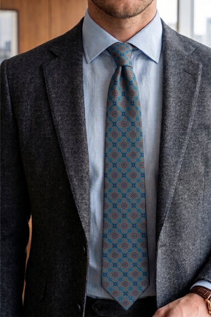 Elliot Turquoise tie with floral pattern, ideal for weddings, parties, and formal occasions.