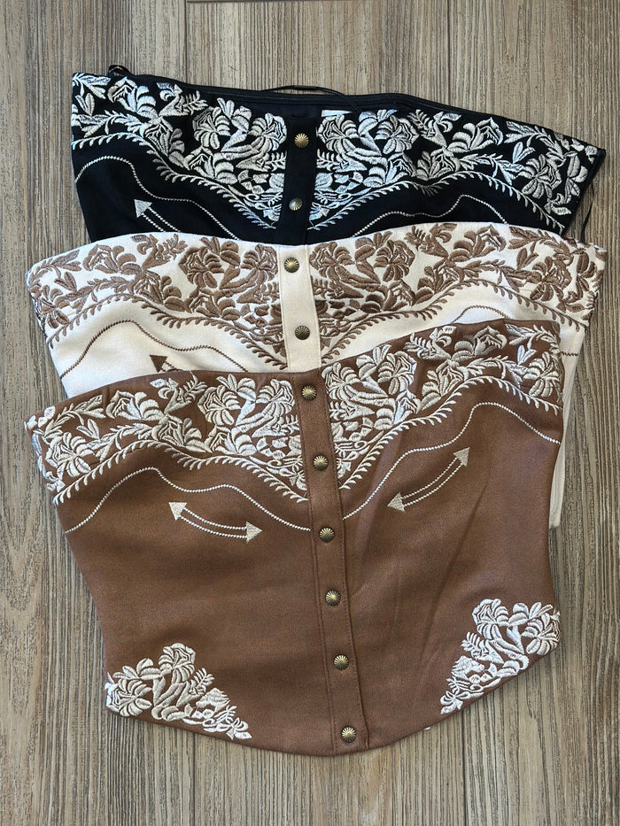 Embroidered Western Strapless Top- Estira, Stretchy