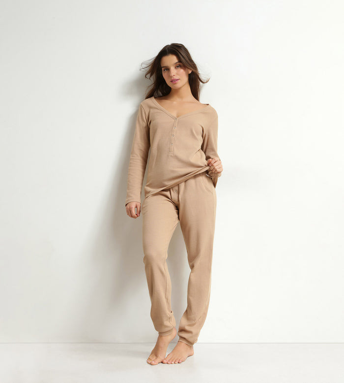 Ensemble pyjama femme col V en jersey Marron Dim Cosy Time