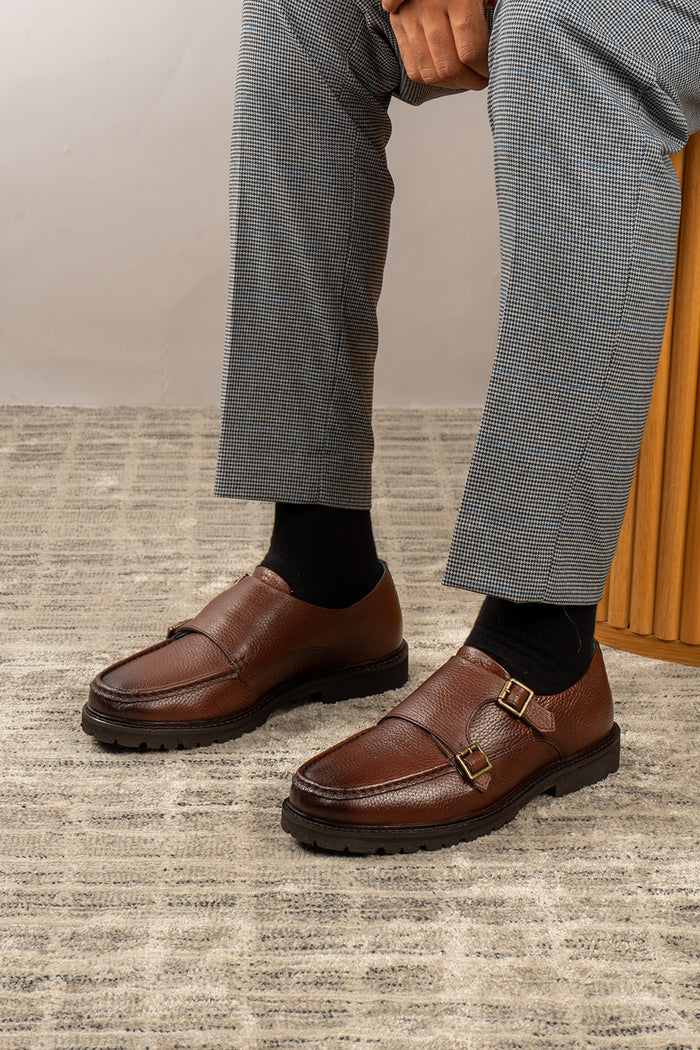 Ethan Brown monk strap leather shoes for men, made from premium brown leather with classic design, ideal for formal and smart casual occasions.
