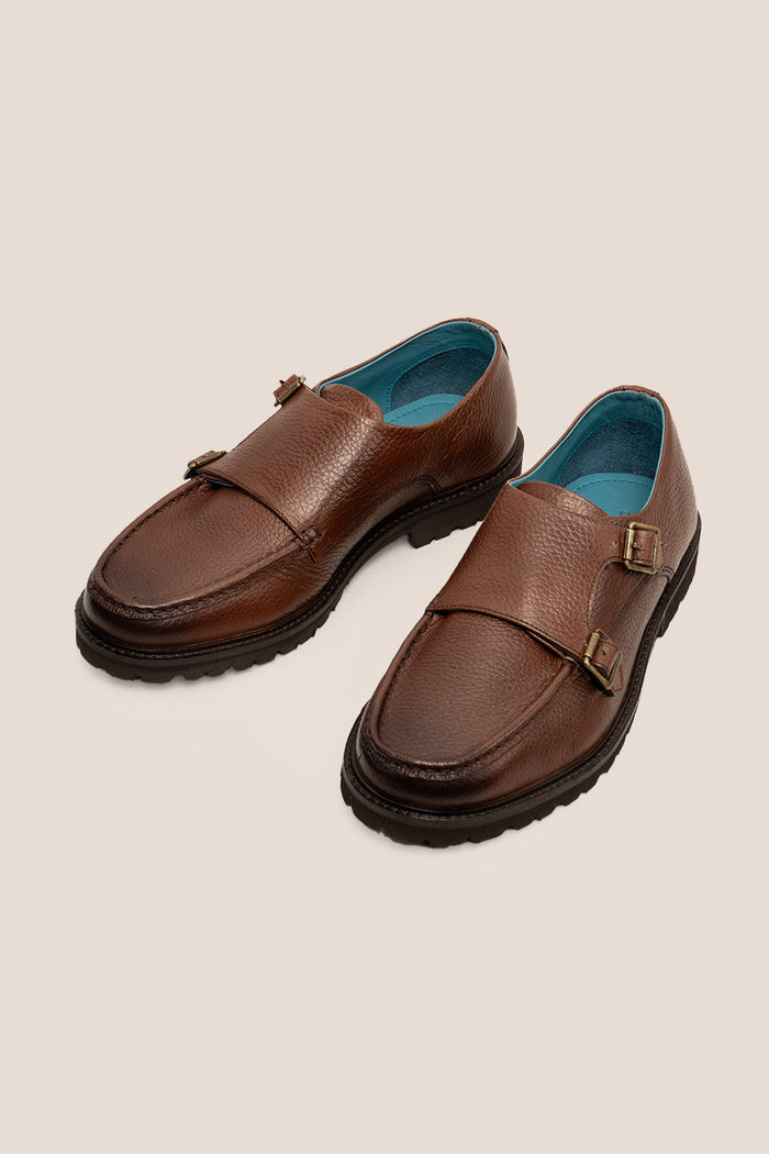 Ethan Brown monk strap leather shoes for men, made from premium brown leather with classic design, ideal for formal and smart casual occasions.