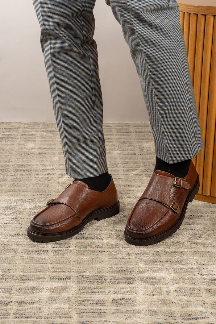 Ethan Brown monk strap leather shoes for men, made from premium brown leather with classic design, ideal for formal and smart casual occasions.