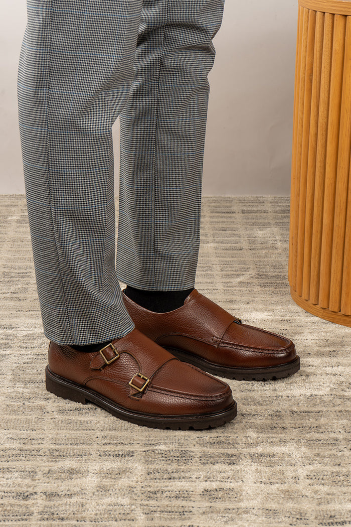 Ethan Brown monk strap leather shoes for men, made from premium brown leather with classic design, ideal for formal and smart casual occasions.