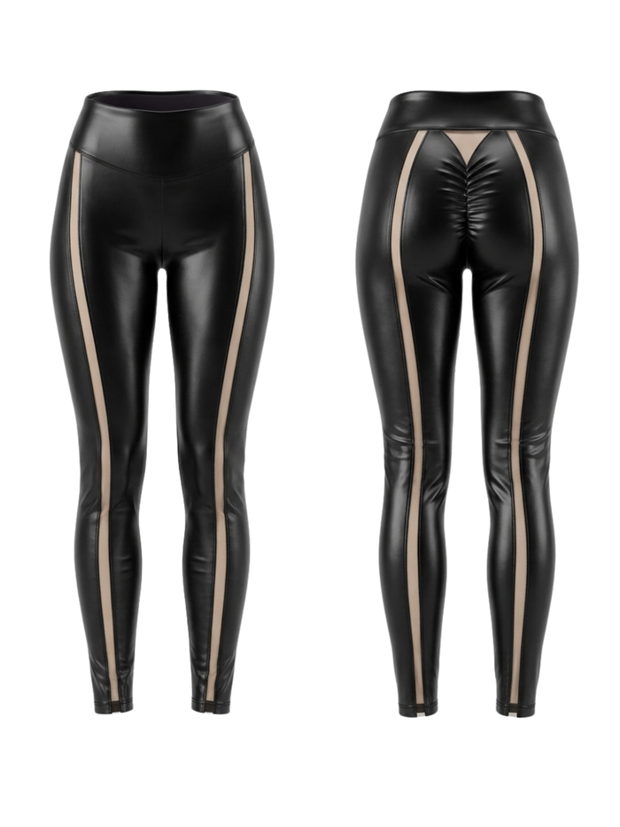 Faux Leather Mesh Stripes Leggings