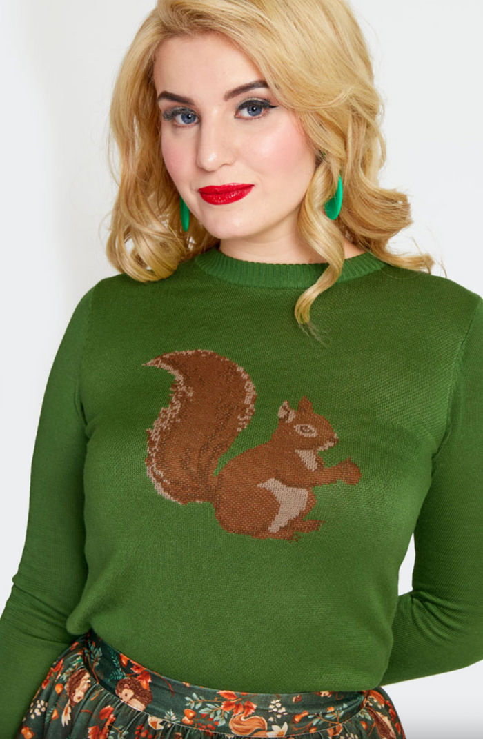 Feinstrick-Pulliover Squirrel mit Eichhörnchenmotiv,Grün, Plus Size