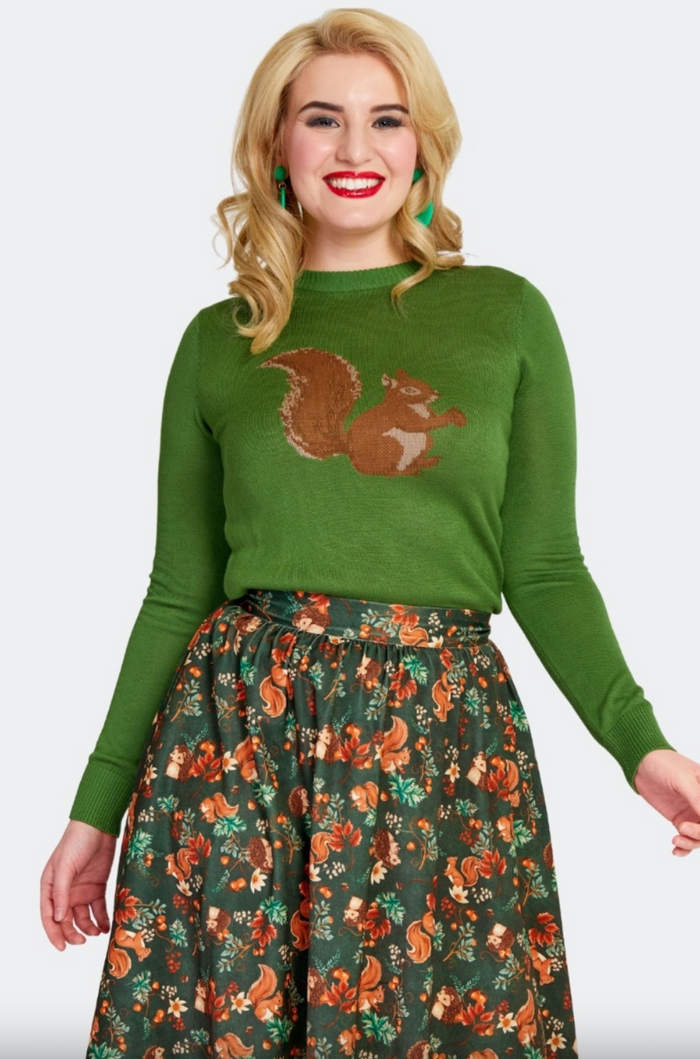 Feinstrick-Pulliover Squirrel mit Eichhörnchenmotiv,Grün, Plus Size