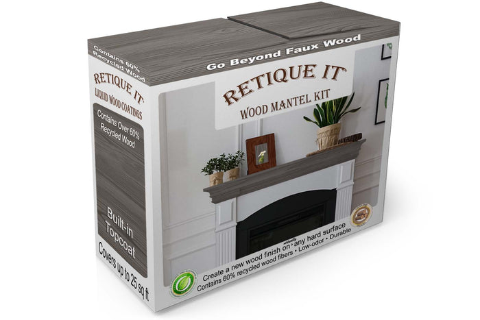 Retique It Fireplace Mantel Wood'n Finish Kit in Harbor Gray stain, showing the boxed kit with wood grain finish.