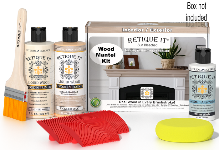 Retique It Wood'n Finish Kit in Sun Bleached for fireplace mantels, showing wood finish application on a wooden mantel.