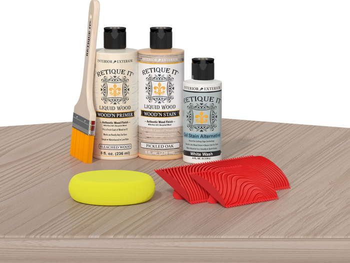 Retique It Wood'n Finish Kit for fireplaces, Sun Bleached color, showcasing the wood finish applied to a mantel on a table.