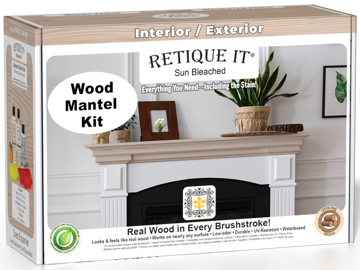 Retique It Wood'n Finish Kit in Sun Bleached for fireplace mantels, includes wood finish and application tools in a box.