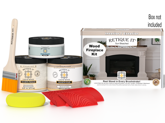Retique It Wood'n Finish Kit for full fireplace in Sun Bleached, includes wood stain and finishing tools, with packaging box visible.