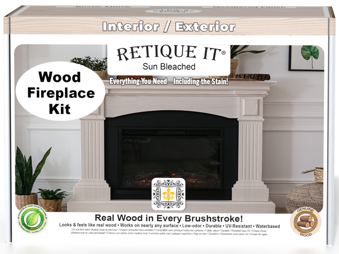 Retique It Wood'n Finish Kit for full fireplace in sun bleached finish, with wood grain details and application tools visible.