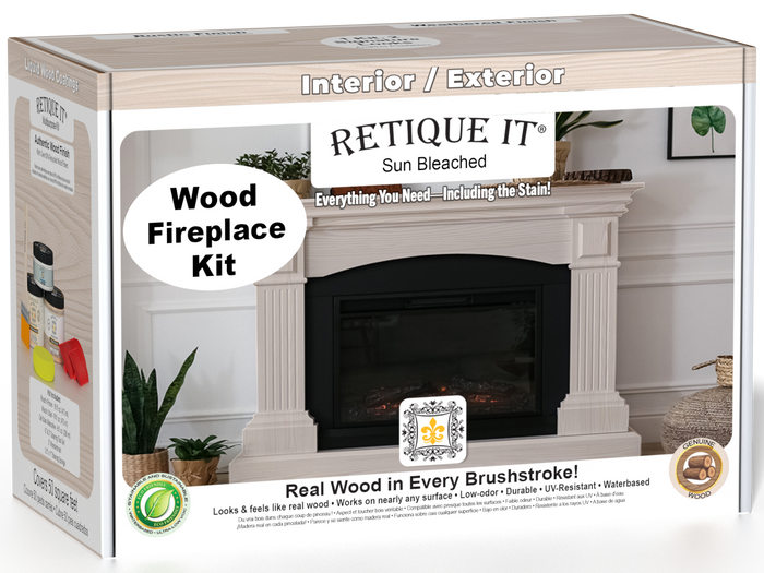 Retique It Fireplace Wood'n Finish Kit in Sun Bleached for full fireplace renovation, includes wood finish products and tools.