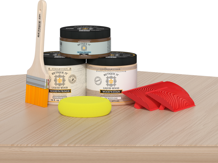 Retique It Fireplace Wood'n Finish Kit for full fireplace, featuring White Oak stain, with wood grain and finishing tools visible.
