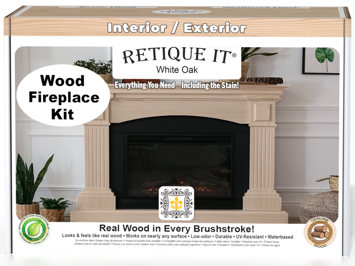 Retique It Fireplace Wood'n Finish Kit in White Oak stain, showing a full fireplace with wood grain and finish details.