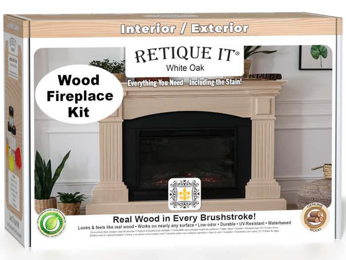 Retique It Fireplace Wood'n Finish Kit in White Oak stain, featuring a full fireplace with wood finish options.