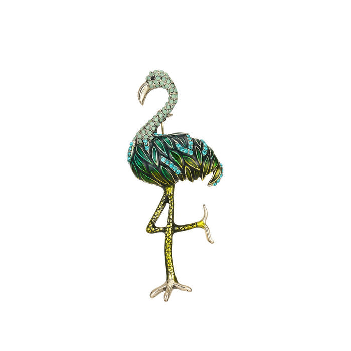 Flamingo-Brosche mit Emaille und Strasssteinen: Grün