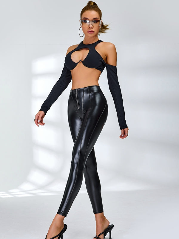 ❤Fly-Eye Faux Leather Push-Up Zipper Hip-lift Hollow Out Breathable Tracksuit
