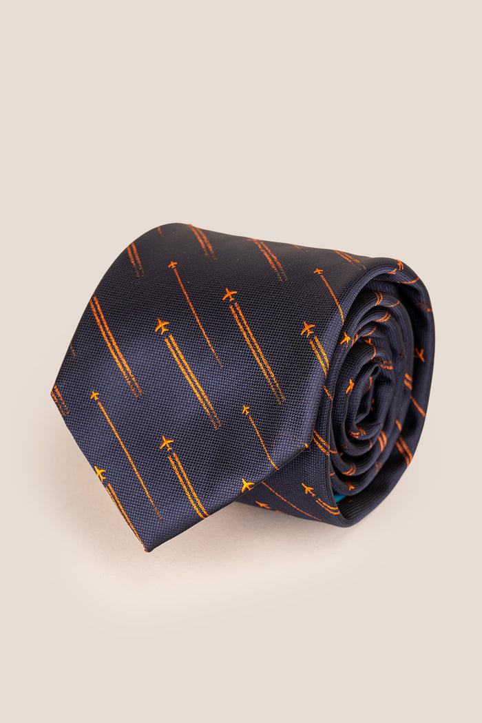 Fly Navy tie with airplane print design, perfect for weddings, casual events, and special occasions.