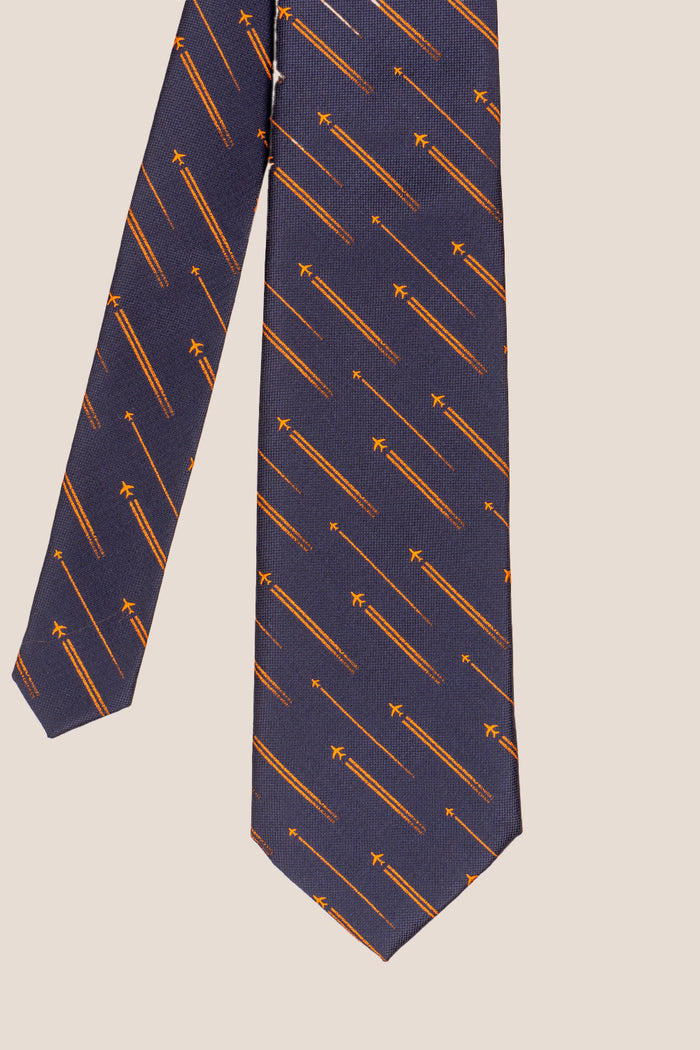 Fly Navy tie with airplane print design, perfect for weddings, casual events, and special occasions.
