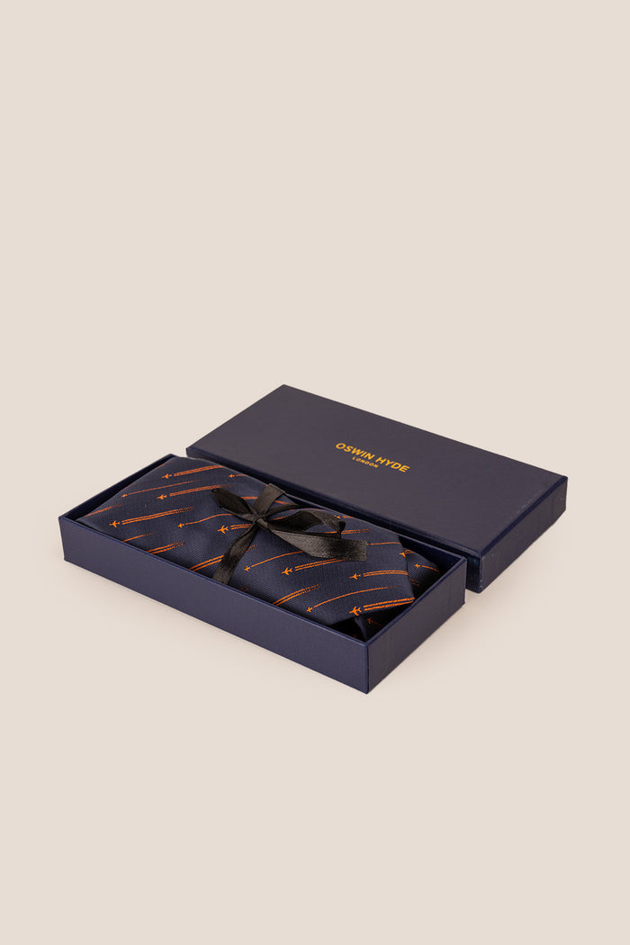 Fly Navy tie with airplane print design, perfect for weddings, casual events, and special occasions.