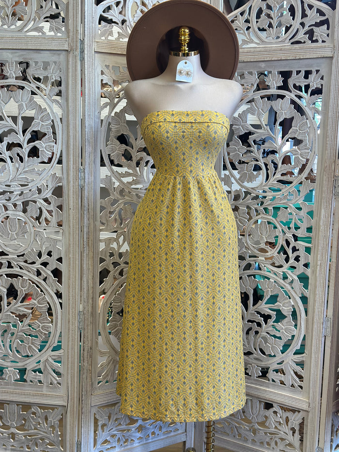 Folded Strapless Yellow Pattern Midi Dress-No Estira, Not Stretchy
